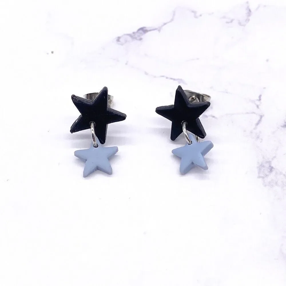 Black and Blue Small Star Dangle Stud Earrings